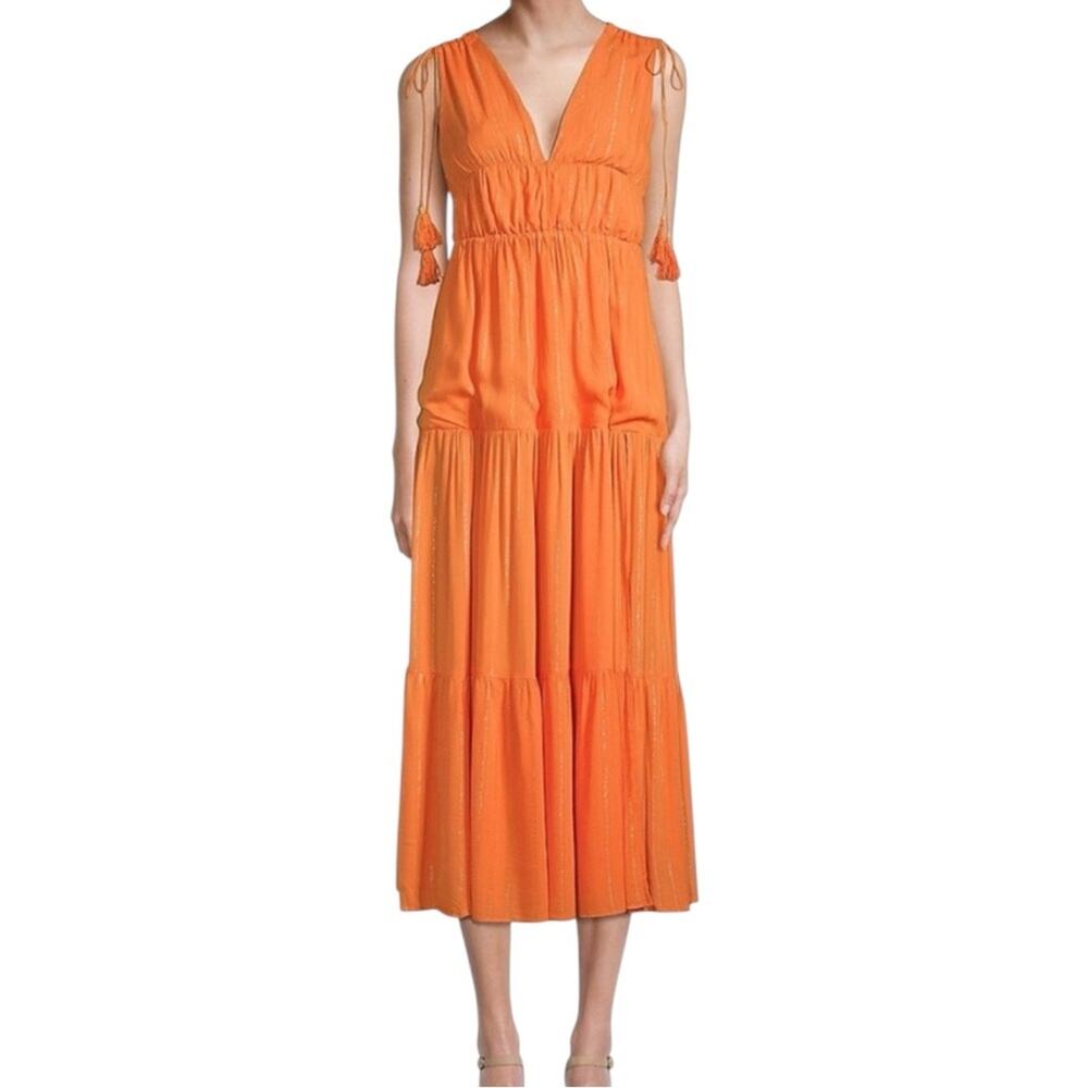 CAARA Simone Tassel Tie Orange Tiered Midi Sundress XS